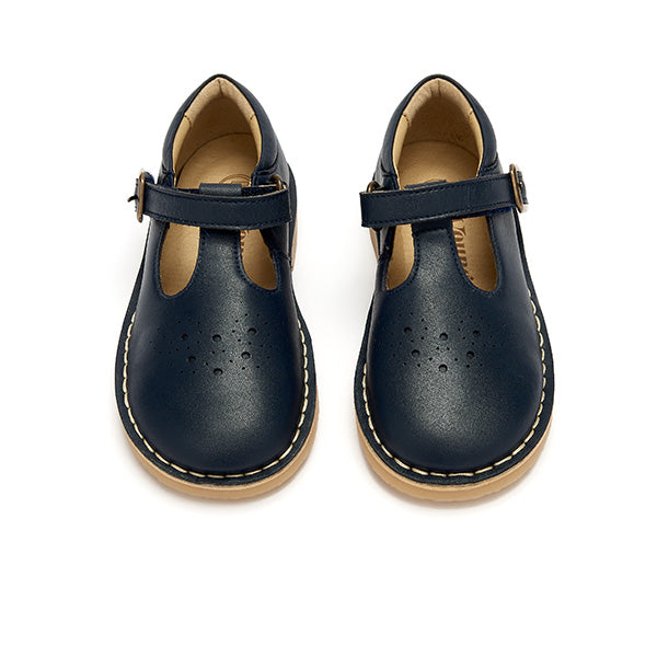 Penny Vegan T-Bar Kids Shoe Navy Synthetic Leather