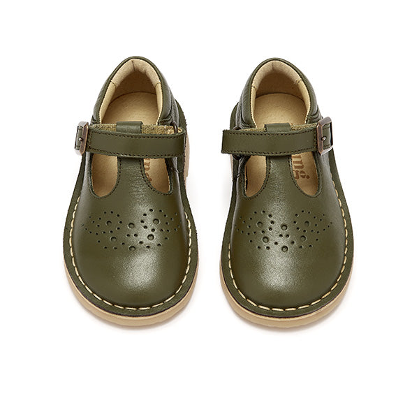 Penny T-Bar Kids Shoe Olive Leather