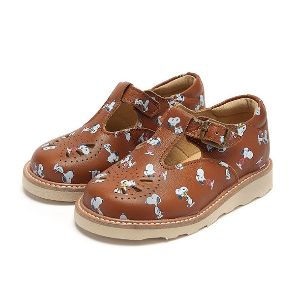 Rosie T-Bar Kids Shoe Snoopy Print Chestnut Brown Leather