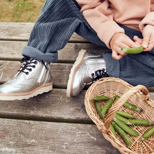 Sidney Vegan Brogue Kids Boot Silver Synthetic Leather