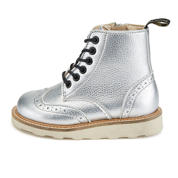 Sidney Vegan Brogue Kids Boot Silver Synthetic Leather