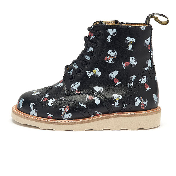 Sidney Brogue Kids Boot Snoopy Print Black Leather